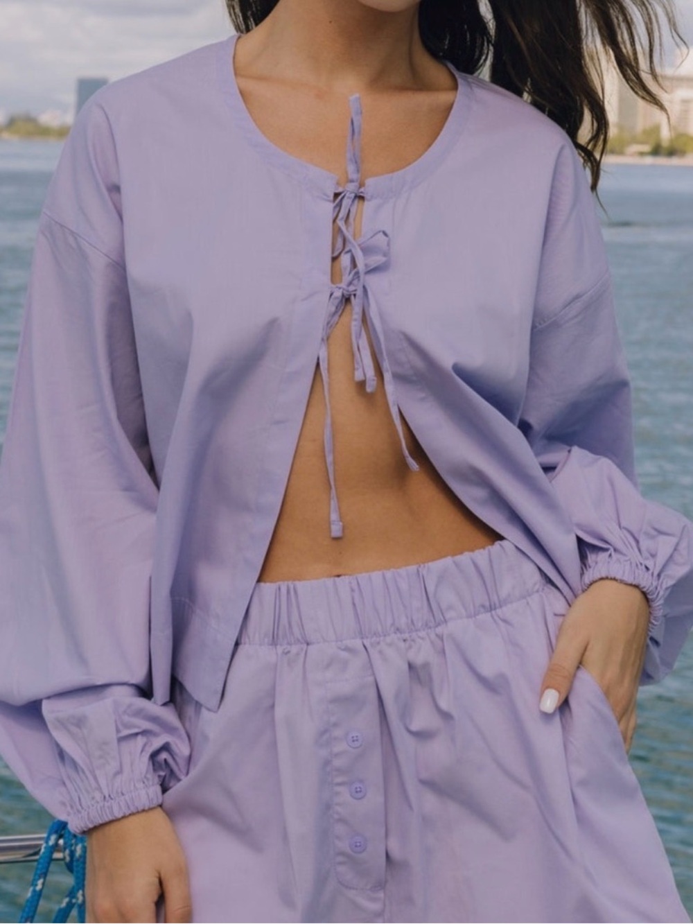 NWT Daily Drills Poplin tie top in lilac M/L